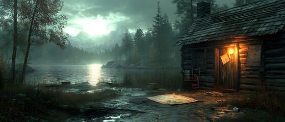 Rustic wooden cabin deep in a forest, with an open door showing signs of forced entry. Inside, the scene is dimly lit . Outside the window, moonlight reflects on a nearby lake,The scene feel tense.