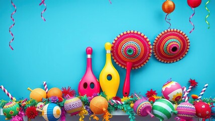 Brightly colored maracas and sombreros arranged on a decorative shelf surrounded by pi?atas and festive decorations, fiesta decoration, mexican culture, folk art