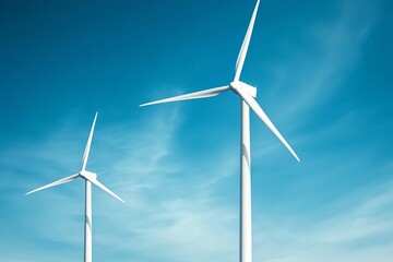 Fototapeta premium Wind turbines standing tall against a clear blue sky, symbolizing renewable energy and sustainable solutions for a greener future.