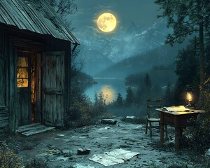 Rustic wooden cabin deep in a forest, with an open door showing signs of forced entry. Inside, the scene is dimly lit . Outside the window, moonlight reflects on a nearby lake,The scene feel tense.