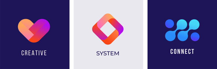 Set of modern colorful, abstract logos, symbols. Technology, bio tech logos, icons and concept identity idea. Vector design