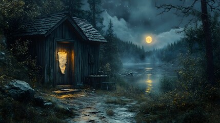 Rustic wooden cabin deep in a forest, with an open door showing signs of forced entry. Inside, the scene is dimly lit . Outside the window, moonlight reflects on a nearby lake,The scene feel tense.