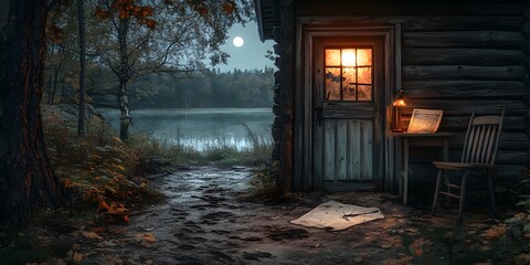 Rustic wooden cabin deep in a forest, with an open door showing signs of forced entry. Inside, the scene is dimly lit . Outside the window, moonlight reflects on a nearby lake,The scene feel tense.