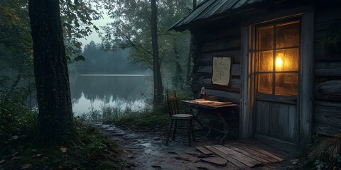 Rustic wooden cabin deep in a forest, with an open door showing signs of forced entry. Inside, the scene is dimly lit . Outside the window, moonlight reflects on a nearby lake,The scene feel tense.