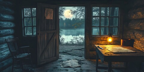 Rustic wooden cabin deep in a forest, with an open door showing signs of forced entry. Inside, the scene is dimly lit . Outside the window, moonlight reflects on a nearby lake,The scene feel tense.