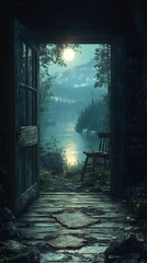 Rustic wooden cabin deep in a forest, with an open door showing signs of forced entry. Inside, the scene is dimly lit . Outside the window, moonlight reflects on a nearby lake,The scene feel tense.