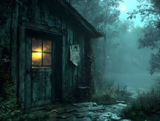 Rustic wooden cabin deep in a forest, with an open door showing signs of forced entry. Inside, the scene is dimly lit . Outside the window, moonlight reflects on a nearby lake,The scene feel tense.