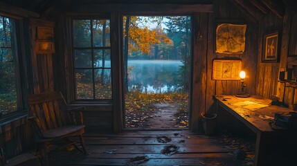 Rustic wooden cabin deep in a forest, with an open door showing signs of forced entry. Inside, the scene is dimly lit . Outside the window, moonlight reflects on a nearby lake,The scene feel tense.