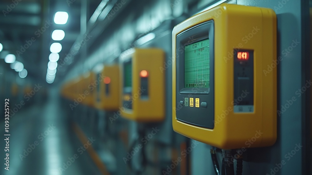 Poster smart meters on a futuristic building tracking energy usage and optimizing power flow through a smar