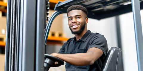 Portrait of a smiling male employee driving a forklift against the backdrop of a production warehouse