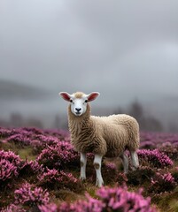 Naklejka premium A lonely sheep in the middle of a lavender field, sheep on a meadow