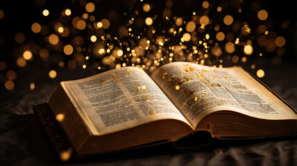 Obraz premium An open Bible in gold and black tones