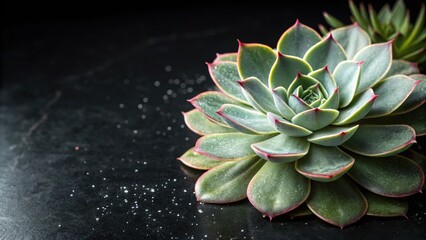 Fototapeta premium Echeveria Pulidonis leaves on a black background with subtle lighting effects, botanical photography, high contrast, dark background