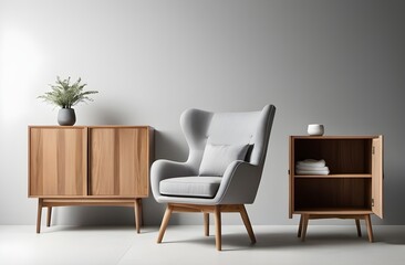 Grey chair and wooden cupboard with a natural finish. Perfect for minimalist interior design, home decor, and modern furniture projects.