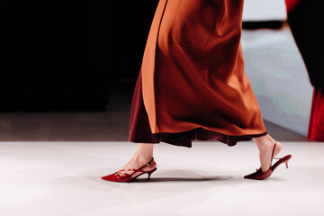 Beautiful fashion details of long warm brown orange coat and red high heels, women's fashion cloth...