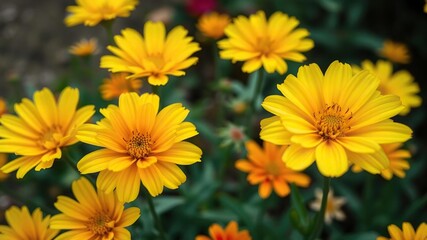 Fototapeta premium Close-up shot of bright yellow and orange flowers in a garden, with delicate petals and a unique shape, bloom details, floral close-up, orange flowers
