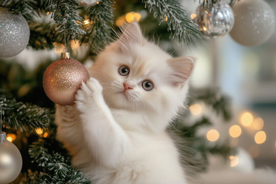 Adorable white fluffy kitten plays with Christmas tree decorations