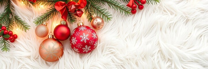 Festive Holiday Ornaments on Soft White Fur, wreath, soft white fur