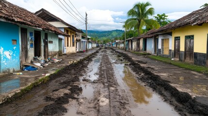 Obraz premium A muddy street in a small village features colorful, weathered houses lining both sides, This image can illustrate rural living, infrastructure issues