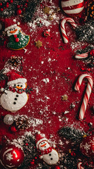 Quirky holiday cookie designs, including shapes like goofy elves, snow monsters, and candy cane robots,copyspace