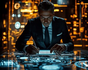 Businessman Signing Futuristic Digital Liability Agreement in Corporate Boardroom
