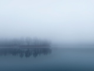 Fototapeta premium Fog rolls in over a quiet lake with trees reflected in the calm water, nature, reflection, subtle colors