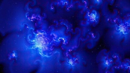 Fototapeta premium Fractal pattern of swirling galaxies in shades of blue and purple, nebulas, astronomy images, galaxy fractal blue purple cosmic clouds abstract space