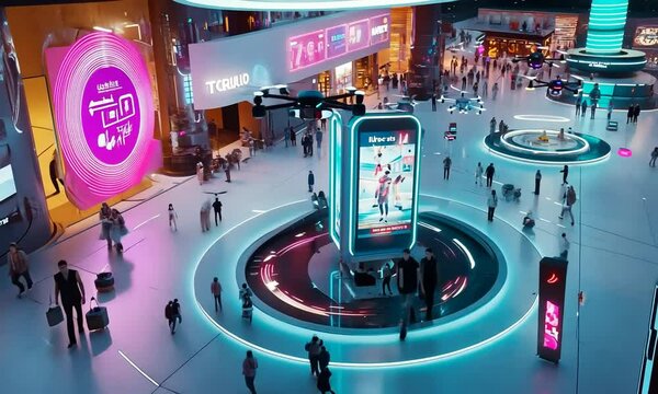 Futuristic mall with drones and digital signage.