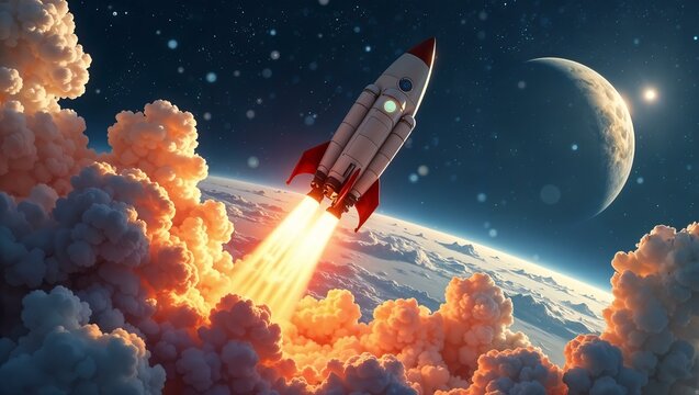 Rocket launch, ship illustration, rocket in space 