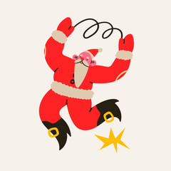 Dancing, jumping happy Santa Claus. Cheerful cute character. Christmas, New year celebration concept. Cartoon flat style. Hand drawn trendy Vector illustration. Isolated design element. Pre-made card