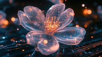 Glowing translucent flower on dark background.