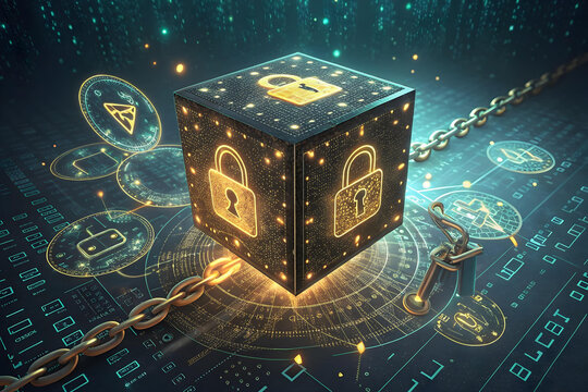 A floating cube of encrypted data glowing with intricate golden symbols, surrounded by holographic locks, chains of light, and swirling binary codes, set in a high-tech cybernetic space. - Powered by Adobe