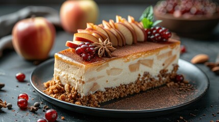 A delicious layered dessert topped with fruits and spices, served on a black plate.