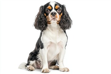 Adorable Cavalier King Charles Spaniel sitting gracefully, isolated on a white background.