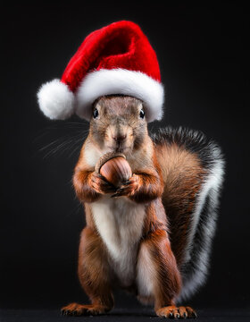 Ardilla de pi&eacute; con una bellota entre las manos y un gorro de Santa Claus en navidad