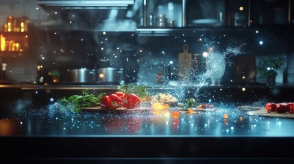 Modern kitchen counter with food and cooking elements, dramatic lighting.