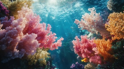 Vibrant Underwater Scene of Colorful Coral Reefs with Sunlight Streaming Through Water in a Tropical Ocean Environment