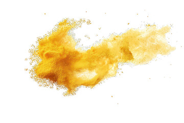 A soft explosion of turmeric powder particles elegantly scattered in mid-air, showcasing a bright white background.