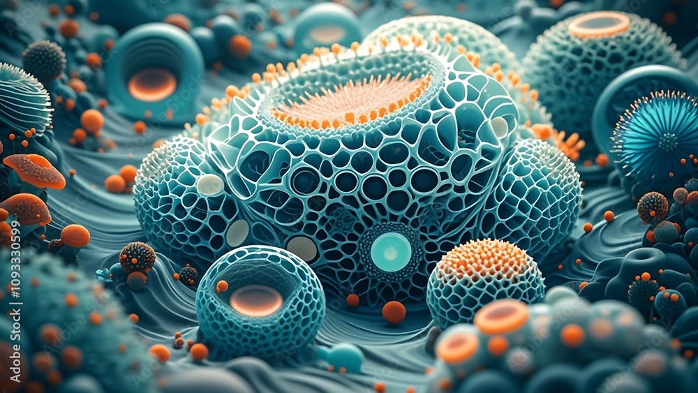 Fototapete abstract 3d render of intricate, bioluminescent, organic structures resembling cells or microorganis