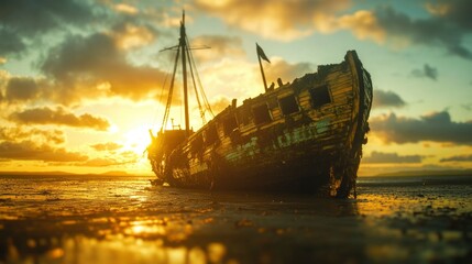 Fototapeta premium A mysterious pirate shipwreck on a deserted beach, with tattered sails and barnacles