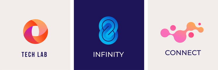 Set of modern colorful, abstract logos, symbols. Technology, bio tech logos, icons and concept identity idea. Vector design