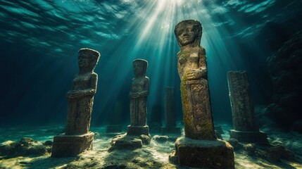 An ancient underwater city with coral-covered statues and broken columns
