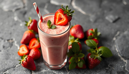 Closeup fresh strawberry milkshake, smoothie and fresh strawberries topping on stone table background. Healthy food and summer drink concept isolated with white highlights, png