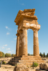 The reassembled remains of the Temple of Castor and Pollux, located in the Valley of the Temples park in Agrigento, Sicily, Italy