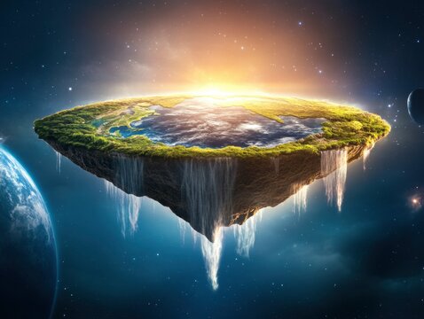 Earth in flat shape like a plate. Surounded by space. on the flat shape is shown the whole eart