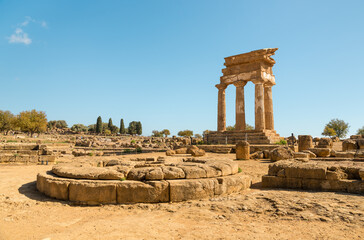 The reassembled remains of the Temple of Castor and Pollux, located in the Valley of the Temples park in Agrigento, Sicily, Italy