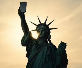 Statue of Liberty holding a phone, as if she is casually checking her messages or social media
