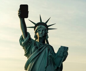 Statue of Liberty holding a phone, as if she is casually checking her messages or social media