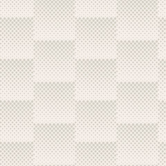 Neutral vector halftone seamless pattern background. Squares with ombre gradient transition backdrop. 3D weave effect. Brick repeat. Texture illusion. Abstract geometric repeat. Beige ecru colors.