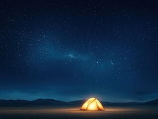 Camping adventure under the stars desert location nighttime peaceful environment wide angle view